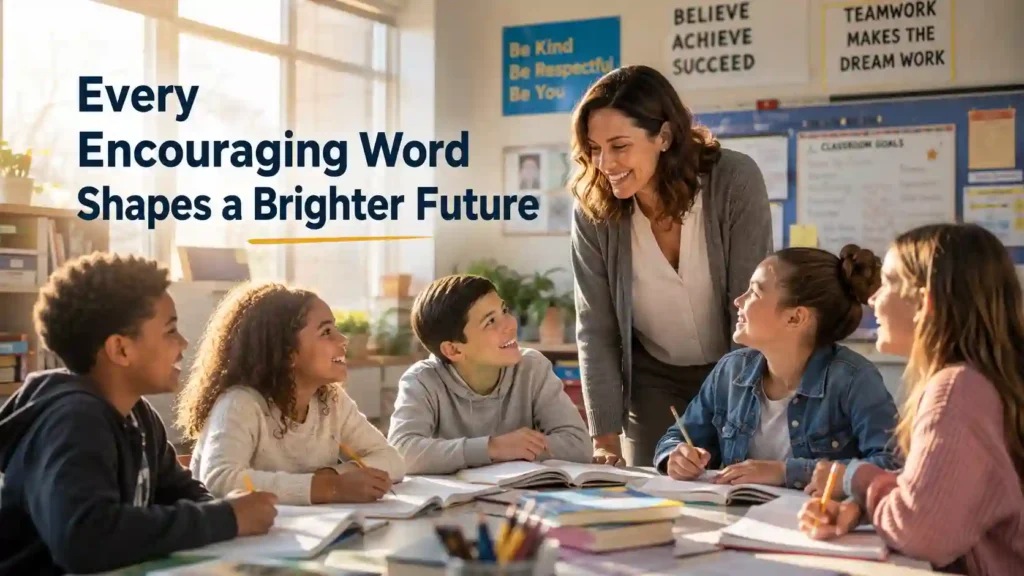 Teacher encouraging students in a classroom while promoting confidence, learning, and academic success.