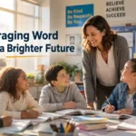 Teacher encouraging students in a classroom while promoting confidence, learning, and academic success.