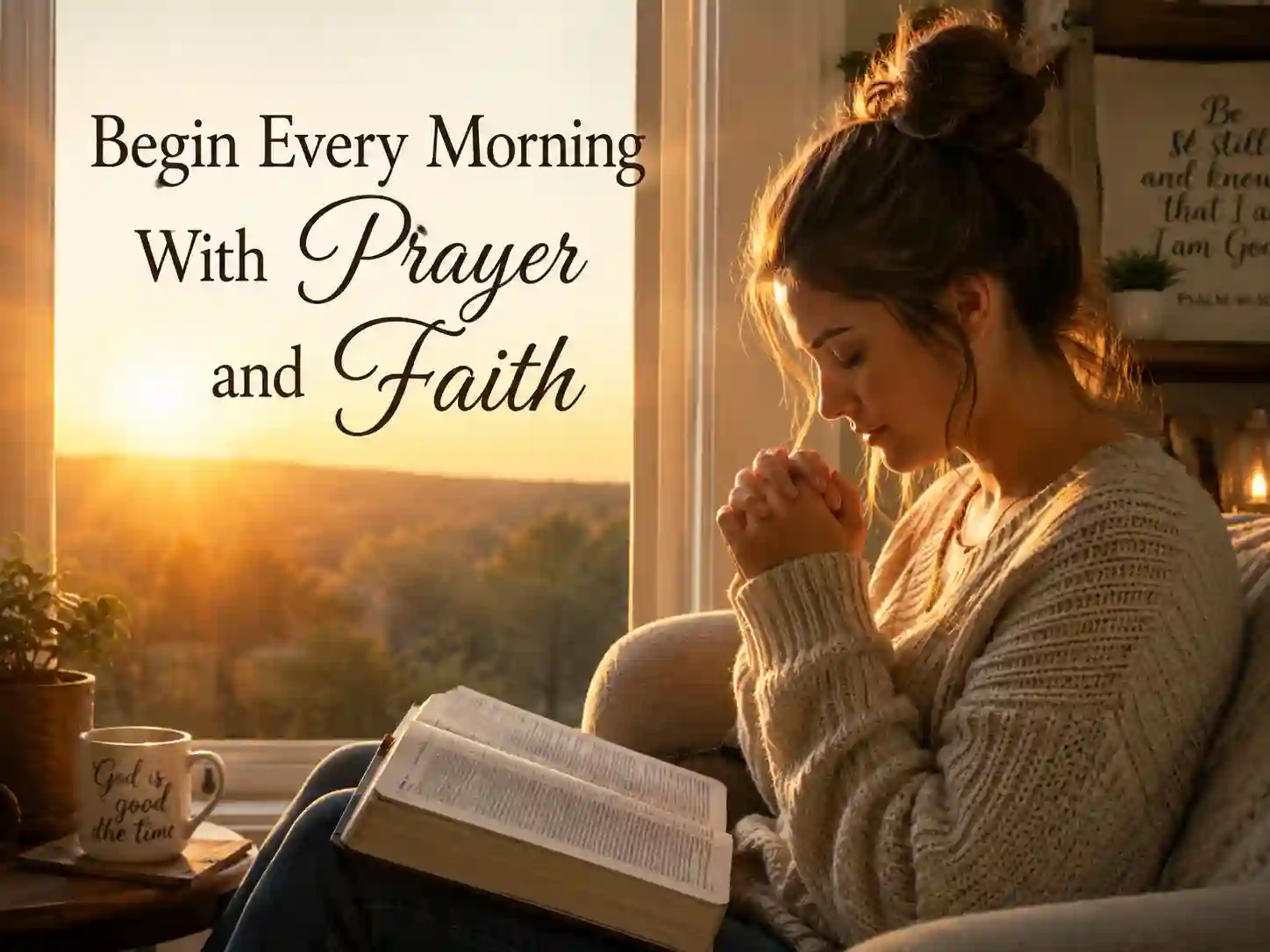 Person praying at sunrise with Bible during morning devotional time