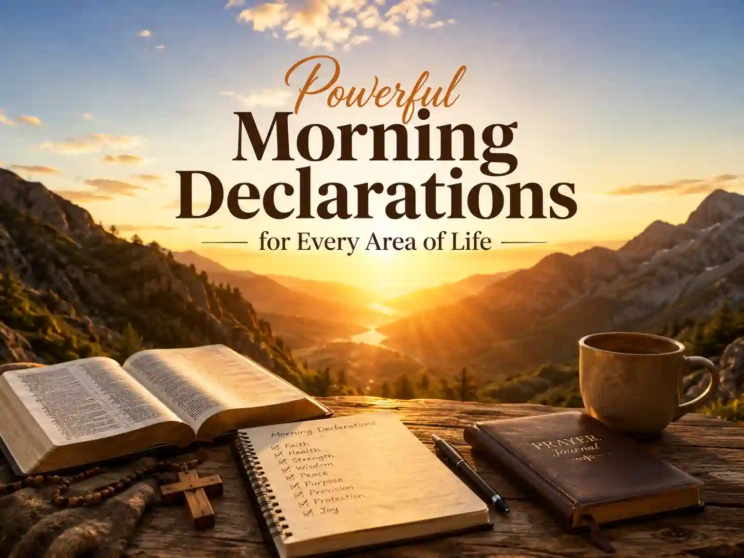 Open Bible and prayer journal with powerful Christian morning declarations for faith, peace, protection, healing, and favor.