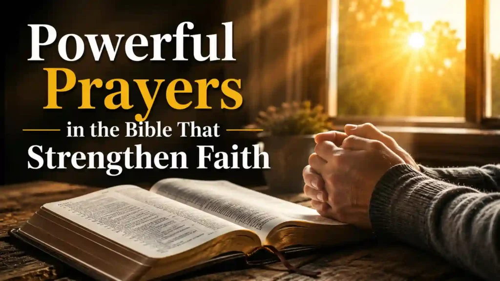 Open Bible with folded hands showing powerful prayers in the Bible and Christian faith.