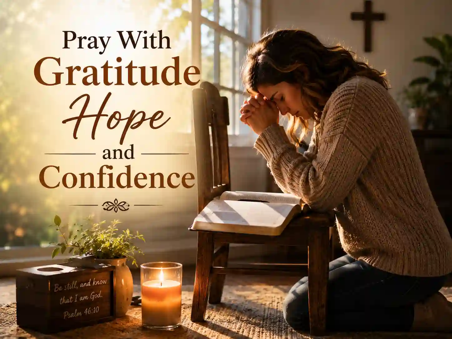 Christian praying with folded hands during a quiet weekend morning for gratitude guidance and peace