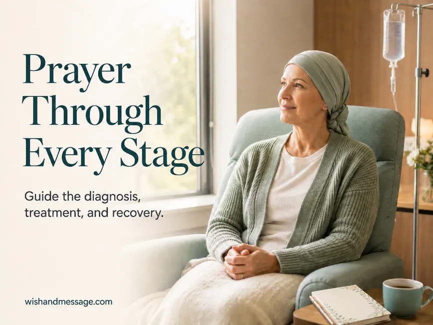 Adult cancer patient sitting calmly in a treatment room near an IV stand