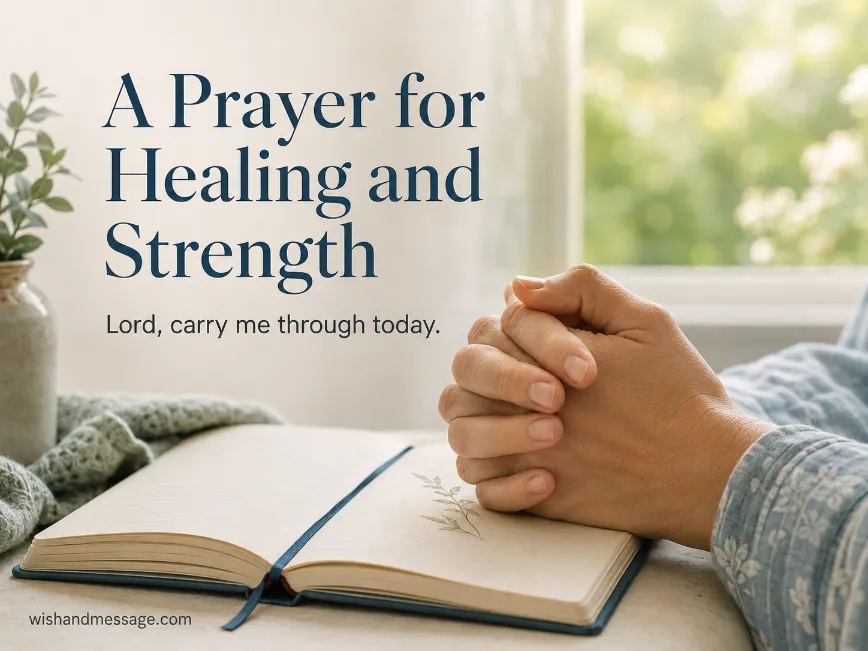 Hands clasped in prayer over an open journal in a peaceful window-side setting
