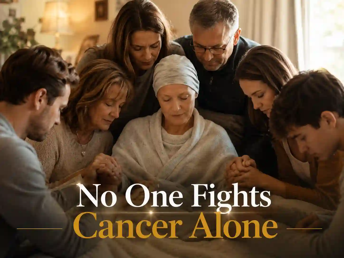 Family members praying together for a loved one with cancer and asking God for healing and strength