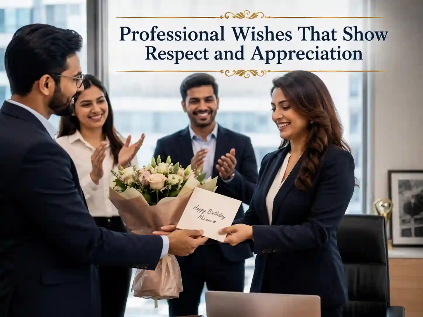 Professional birthday wishes for boss lady with employees presenting flowers and a greeting card in an office