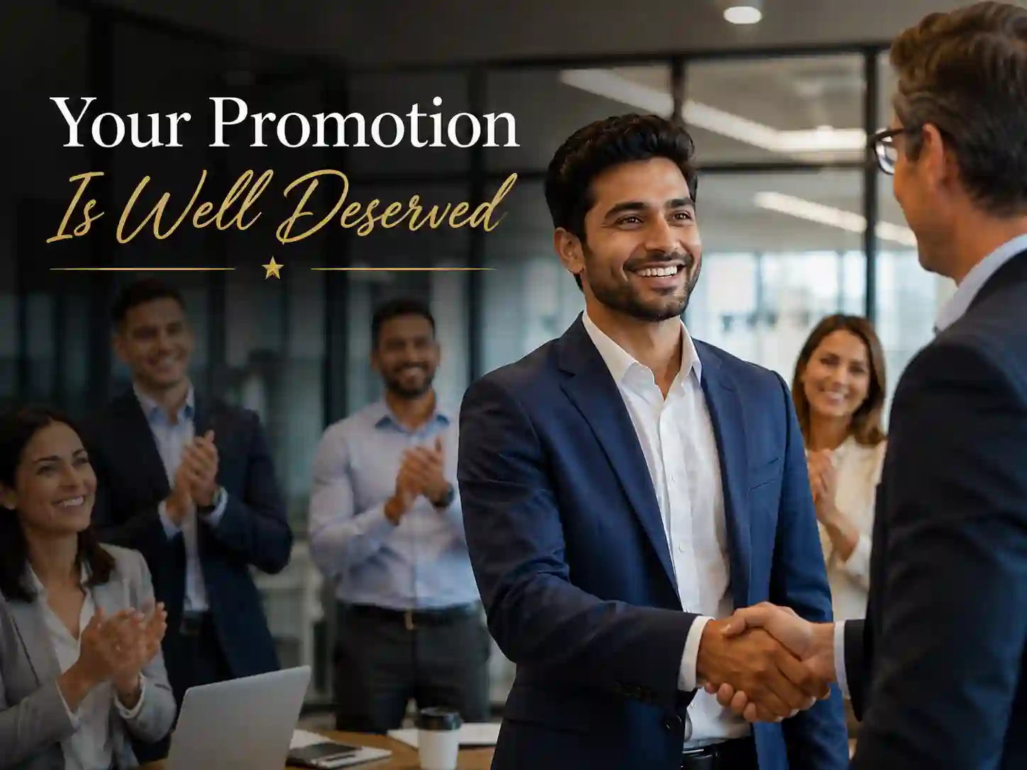 Employee receiving promotion congratulations from coworkers in office