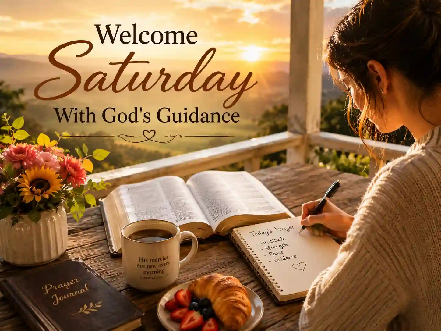 Saturday morning prayer scene with open Bible sunrise and prayer journal symbolizing faith and joy