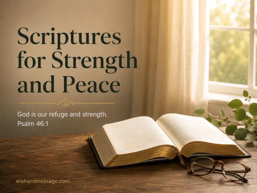 Open Bible and reading glasses in warm morning light with Psalm 46:1 overlay