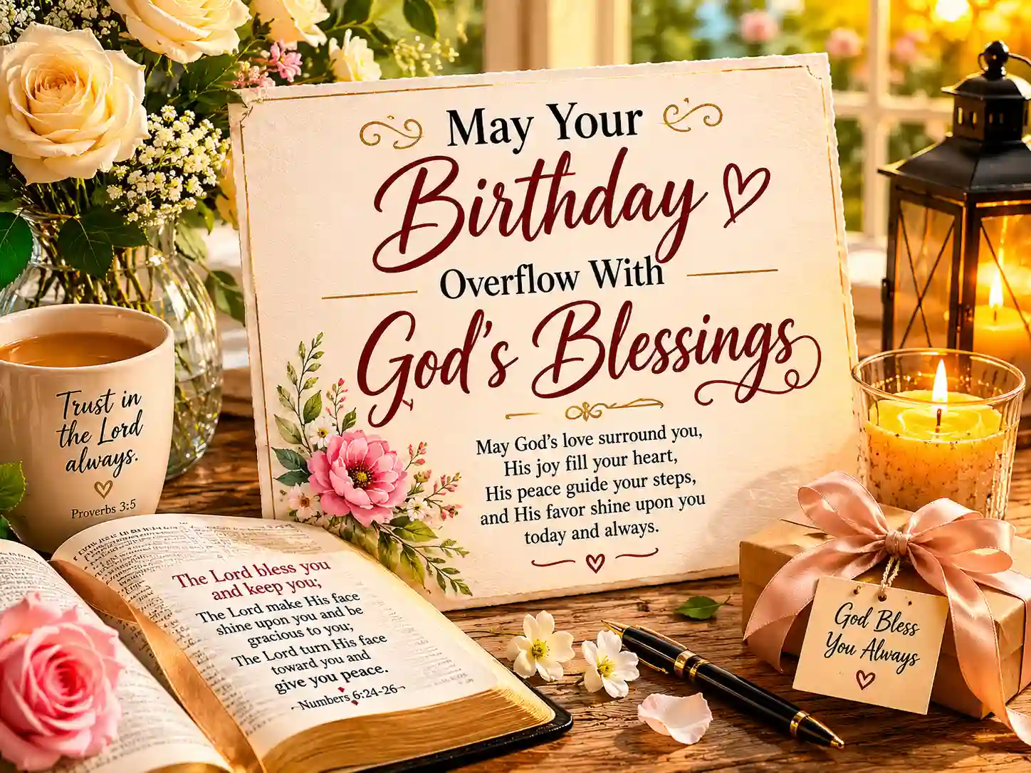 Short birthday blessing prayer card beside Bible and candles