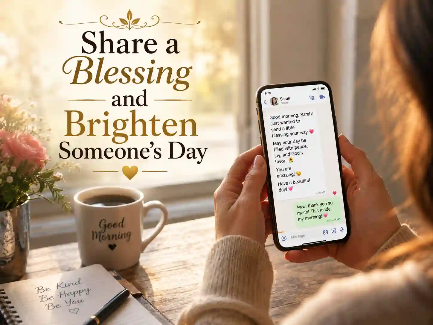 Person sharing a good morning blessing message on smartphone with a friend