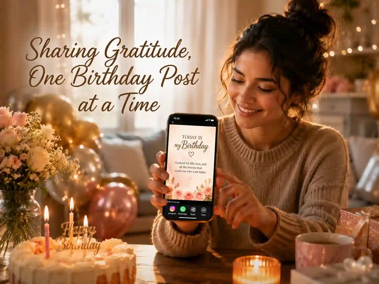 Smartphone displaying a heartfelt birthday caption for Instagram and WhatsApp self-celebration.
