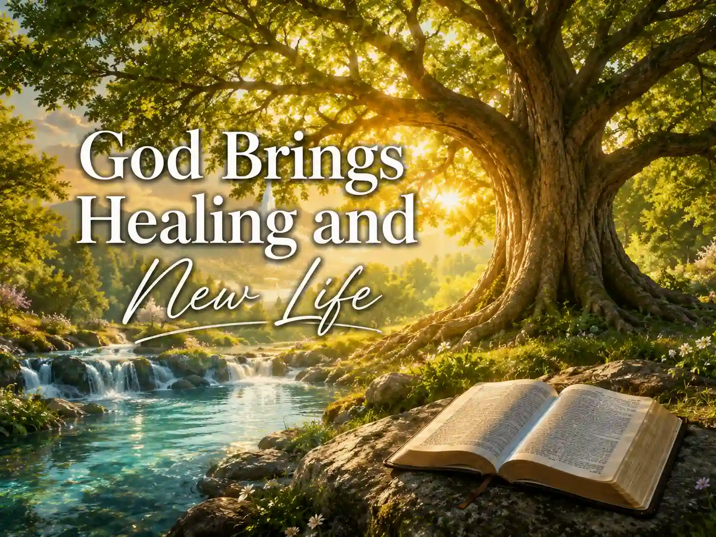 Tree of Life with healing leaves beside a river symbolizing God's promise of restoration and renewal.