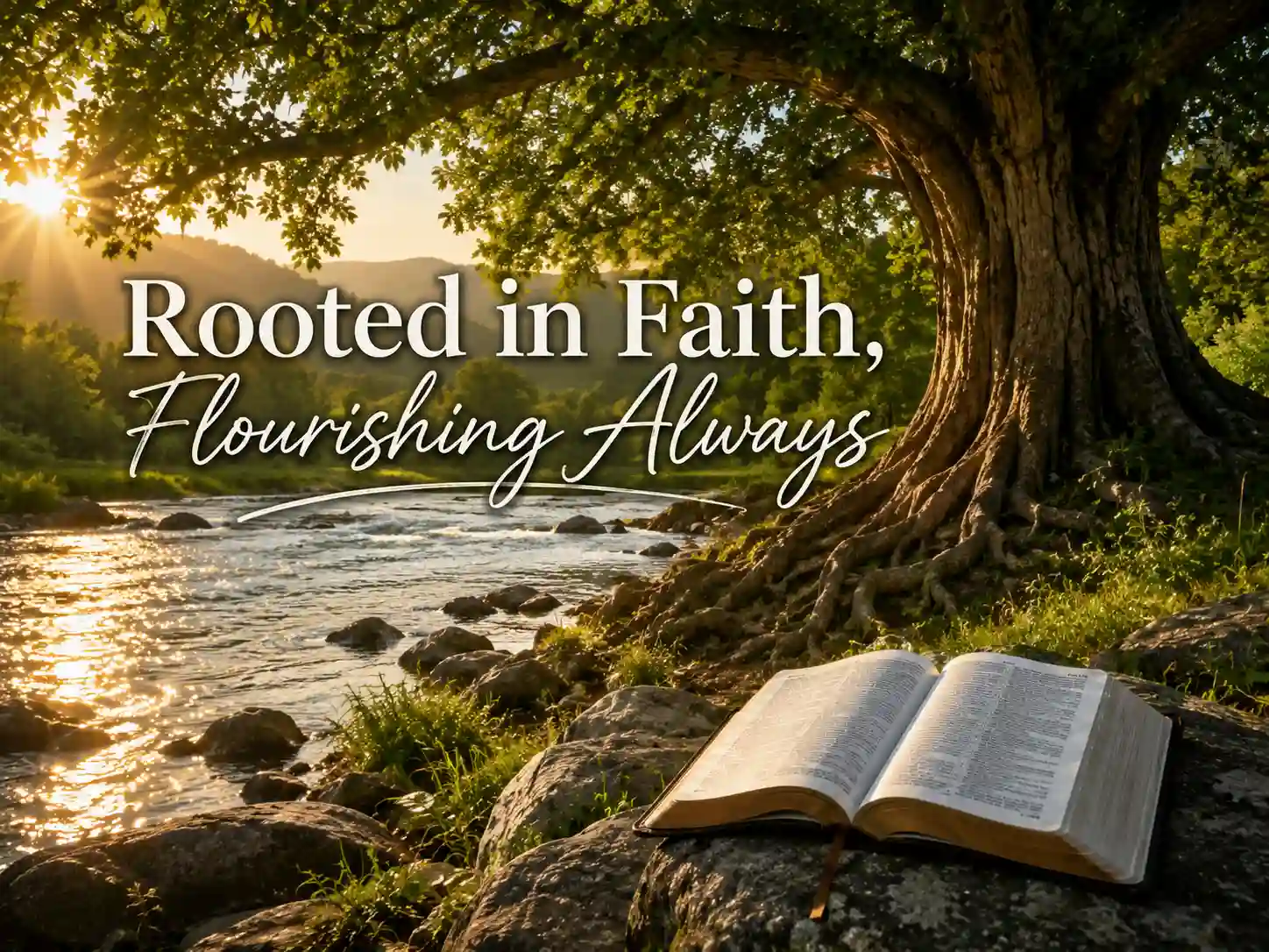 Healthy tree by flowing water illustrating biblical faith, spiritual stability, and leaves that do not wither.