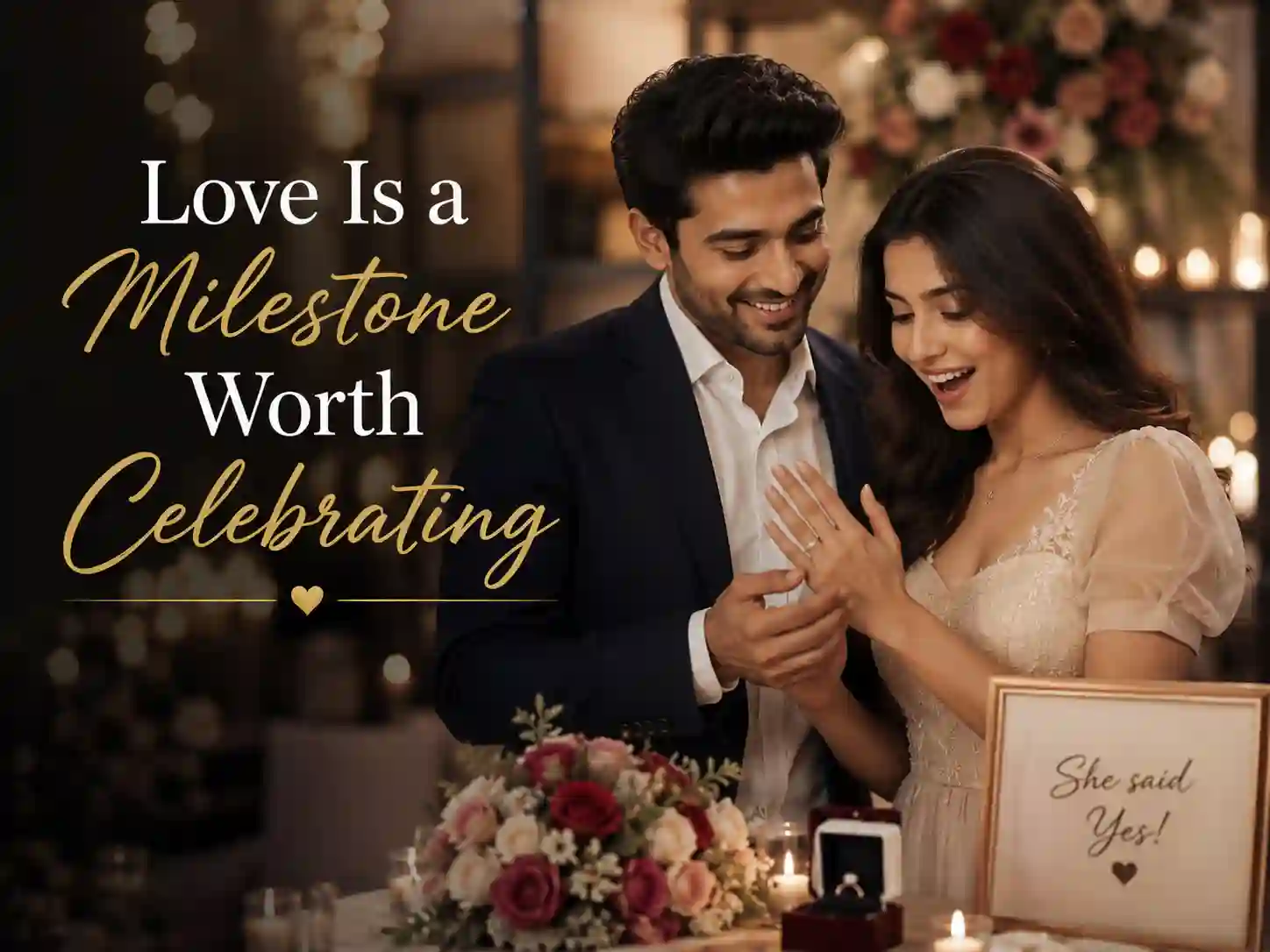 Happy couple celebrating engagement and wedding milestone together