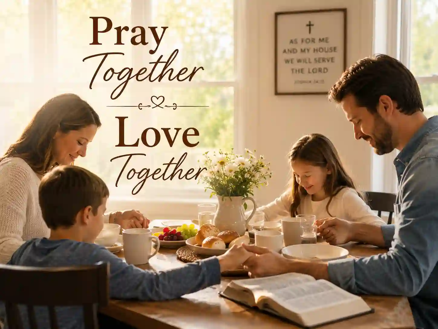Family holding hands in prayer during a blessed weekend morning asking God for protection and love