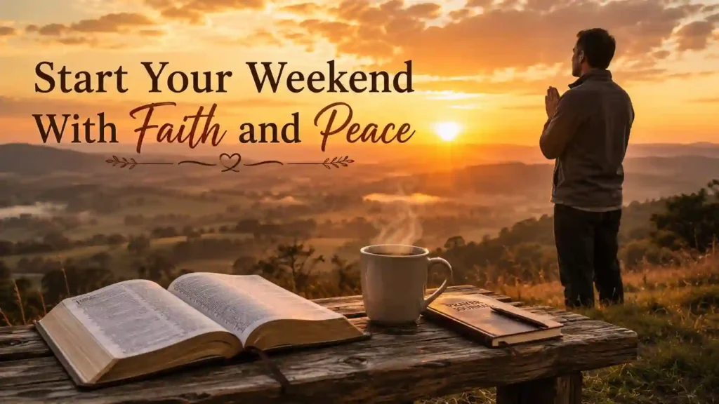 Weekend Morning Prayers at sunrise with a person praying and seeking God's guidance for a peaceful weekend
