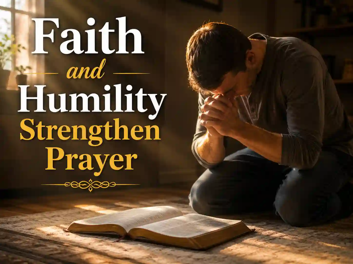 Christian believer praying with faith and humility beside an open Bible.