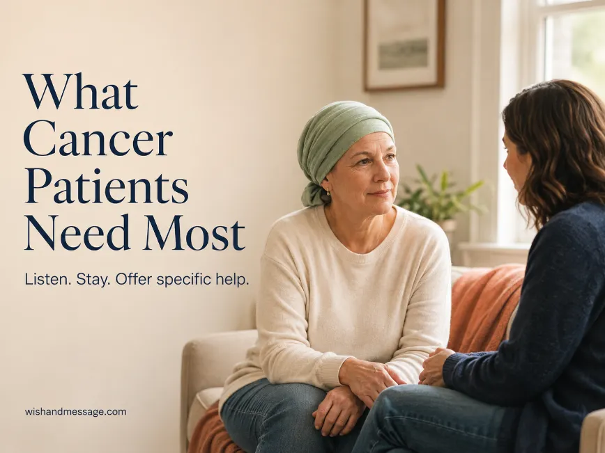 Cancer patient speaking with an attentive loved one in a calm home setting