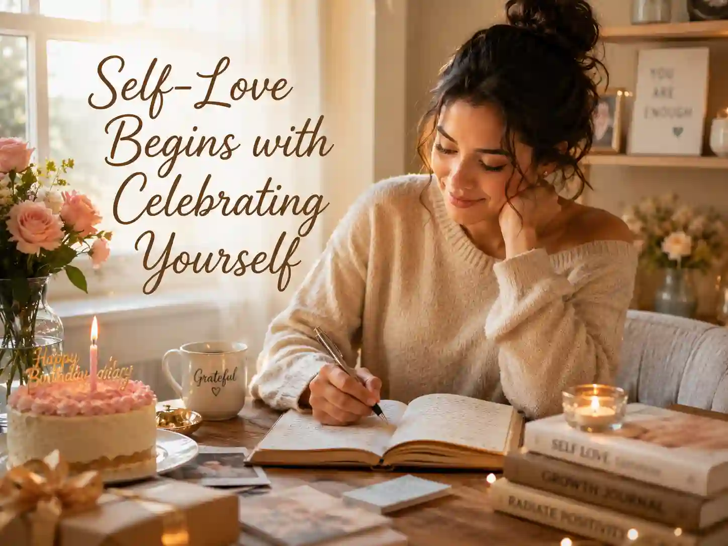 Person writing heartfelt birthday reflections in a journal to celebrate self-love and gratitude.