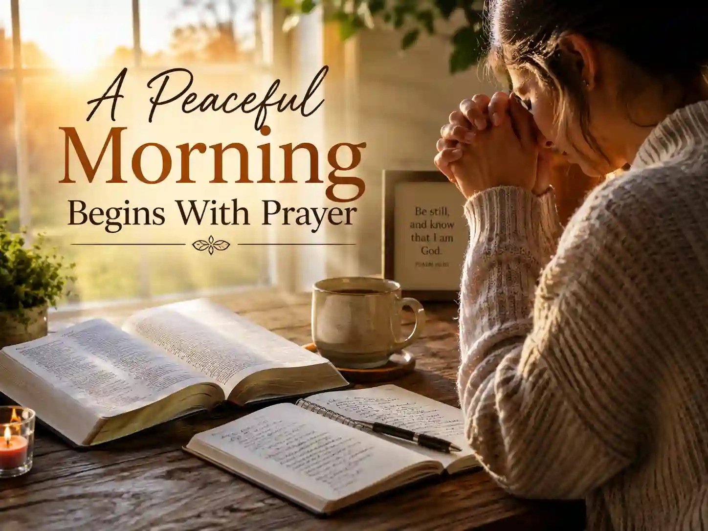 Person reading the Bible and praying on a peaceful weekend morning with coffee and sunlight