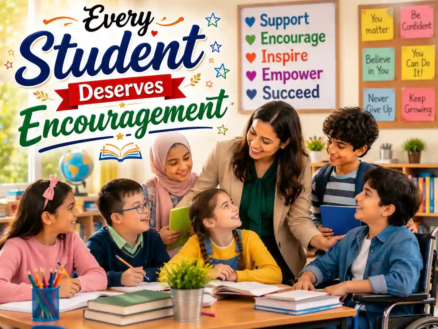 Teacher supporting new, hardworking, and struggling students in an inclusive classroom environment.