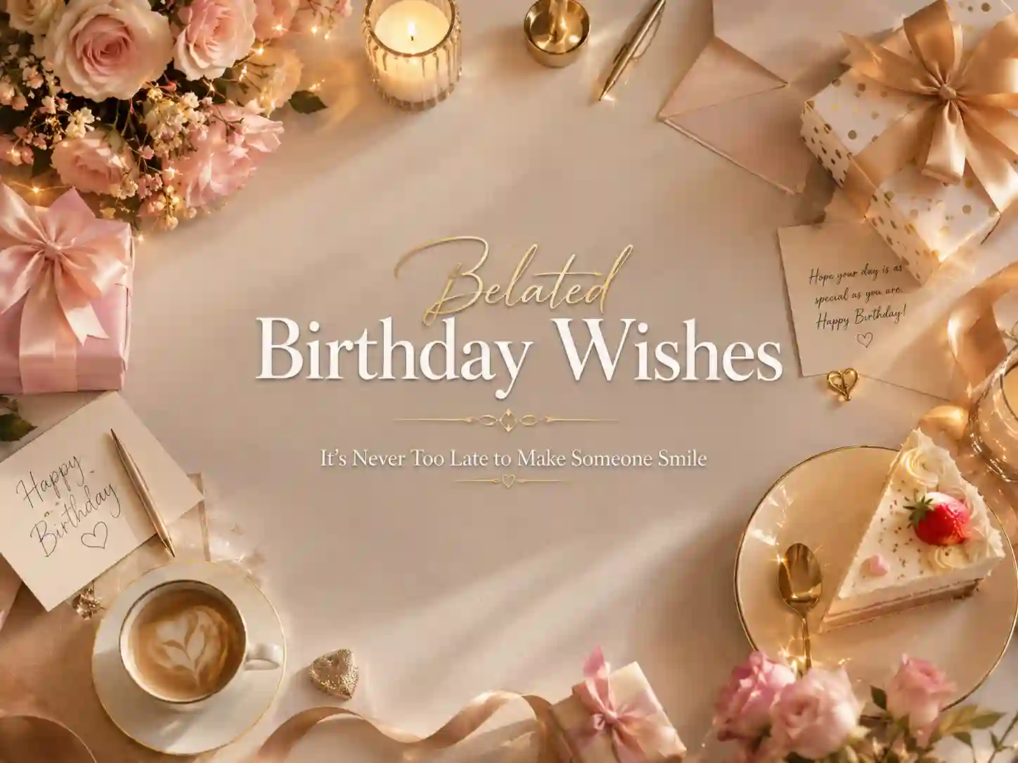 Elegant birthday gifts, greeting card, flowers, and coffee representing thoughtful belated birthday wishes.