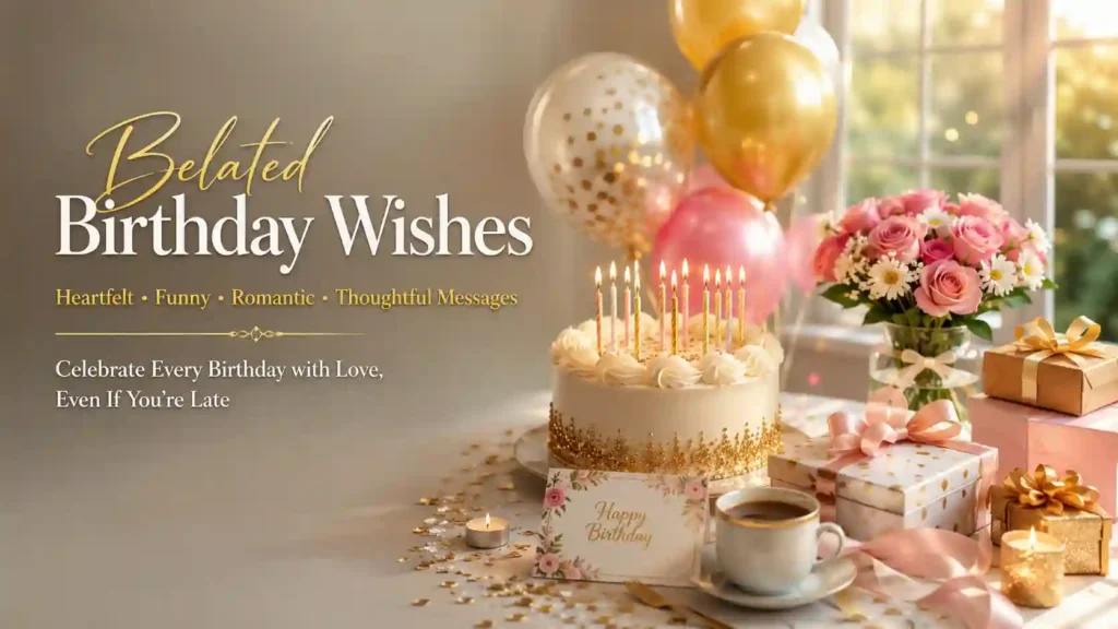 Heartfelt belated birthday wishes greeting card with birthday cake, gifts, balloons, and elegant celebration background.