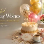 Heartfelt belated birthday wishes greeting card with birthday cake, gifts, balloons, and elegant celebration background.