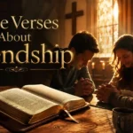 Bible verses about friendship with an open Bible and Christian friends praying together