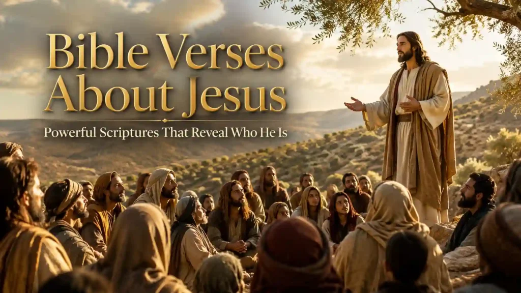 Jesus Christ teaching a large crowd as people listen to Bible verses about Jesus and His message of salvation.