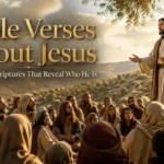 Jesus Christ teaching a large crowd as people listen to Bible verses about Jesus and His message of salvation.