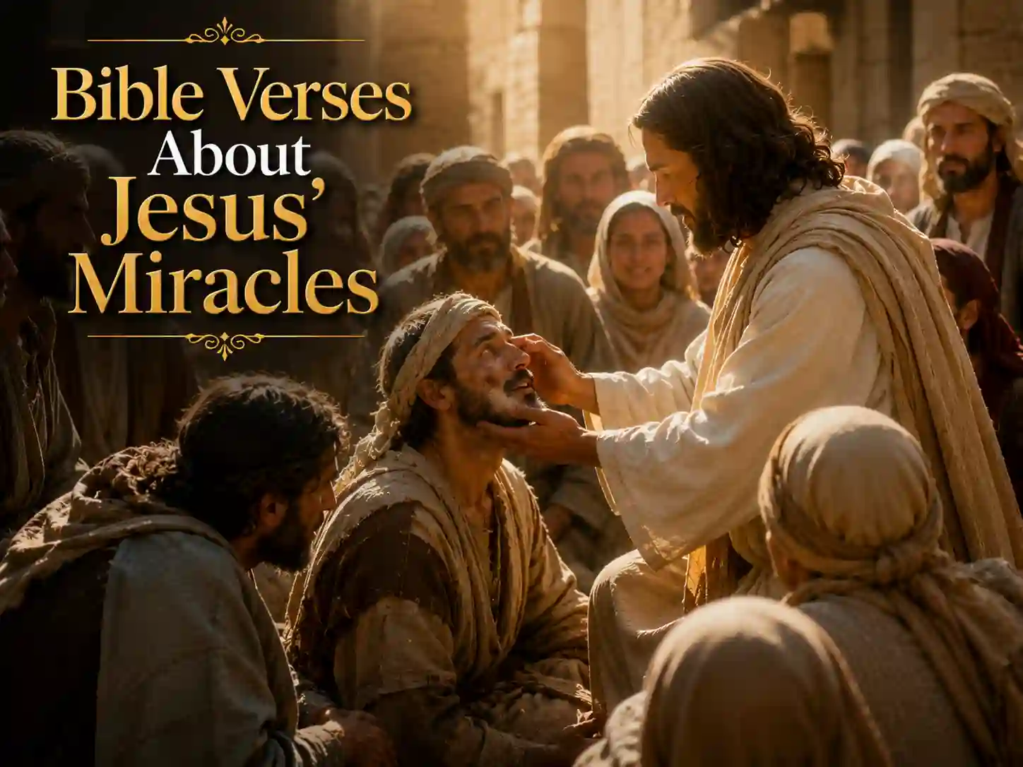 Jesus performing a healing miracle while people witness His divine power and compassion.