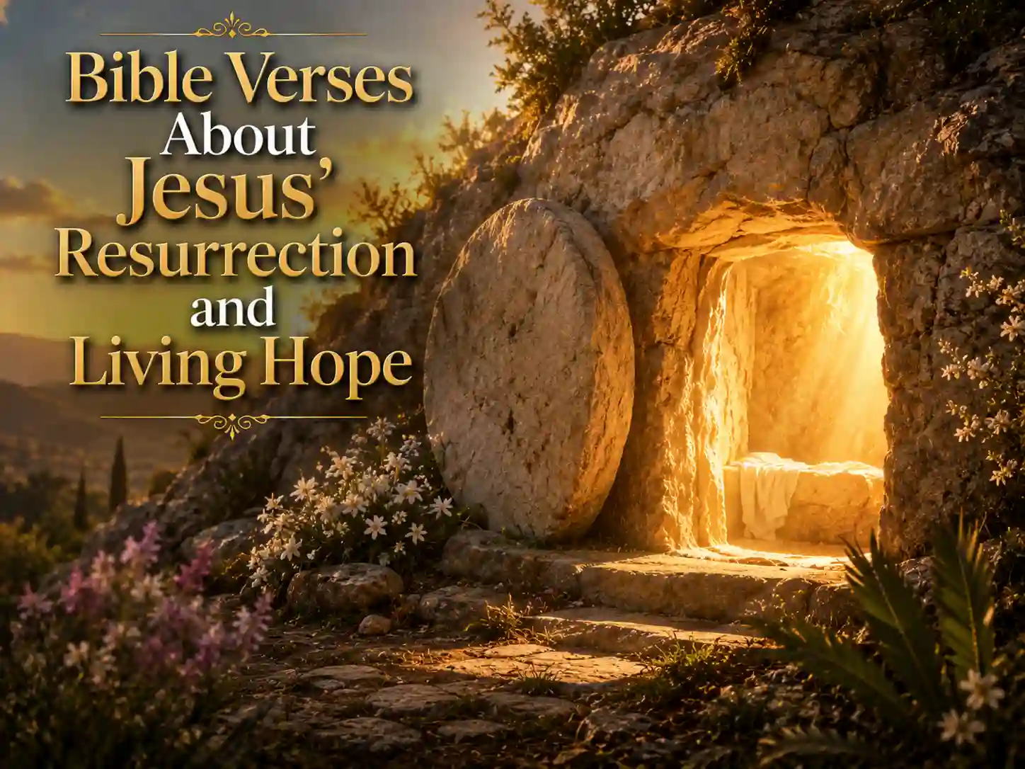 The empty tomb of Jesus at sunrise representing His resurrection, victory over death, and living hope.
