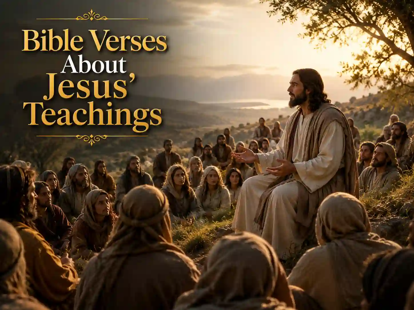 Jesus teaching the Sermon on the Mount with followers listening to His words about love, faith, and prayer.