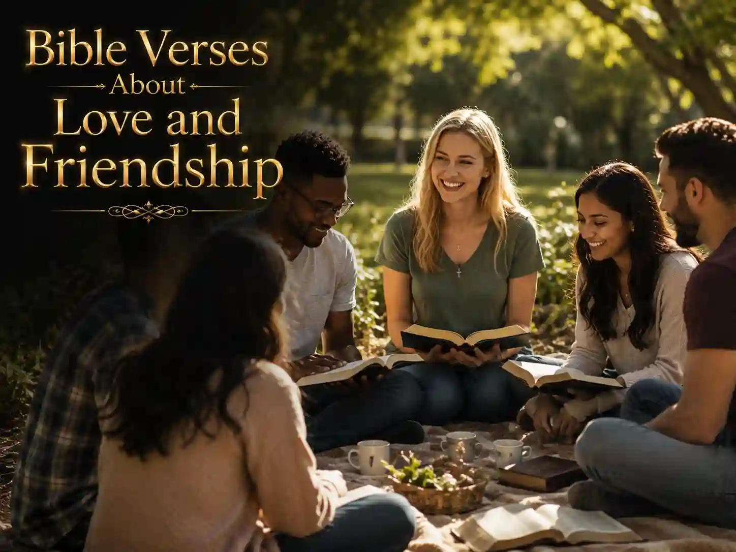 Christian friends praying together and reading the Bible about love and friendship