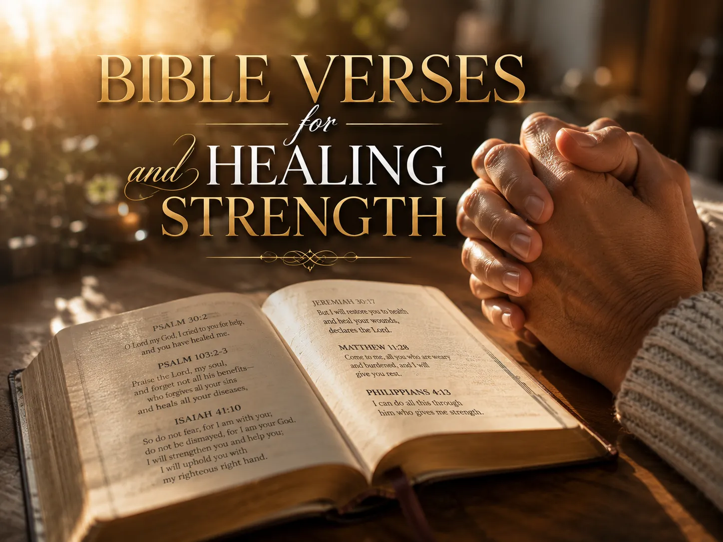 Open Bible with healing Scriptures beside folded hands praying for a mother's health and recovery.