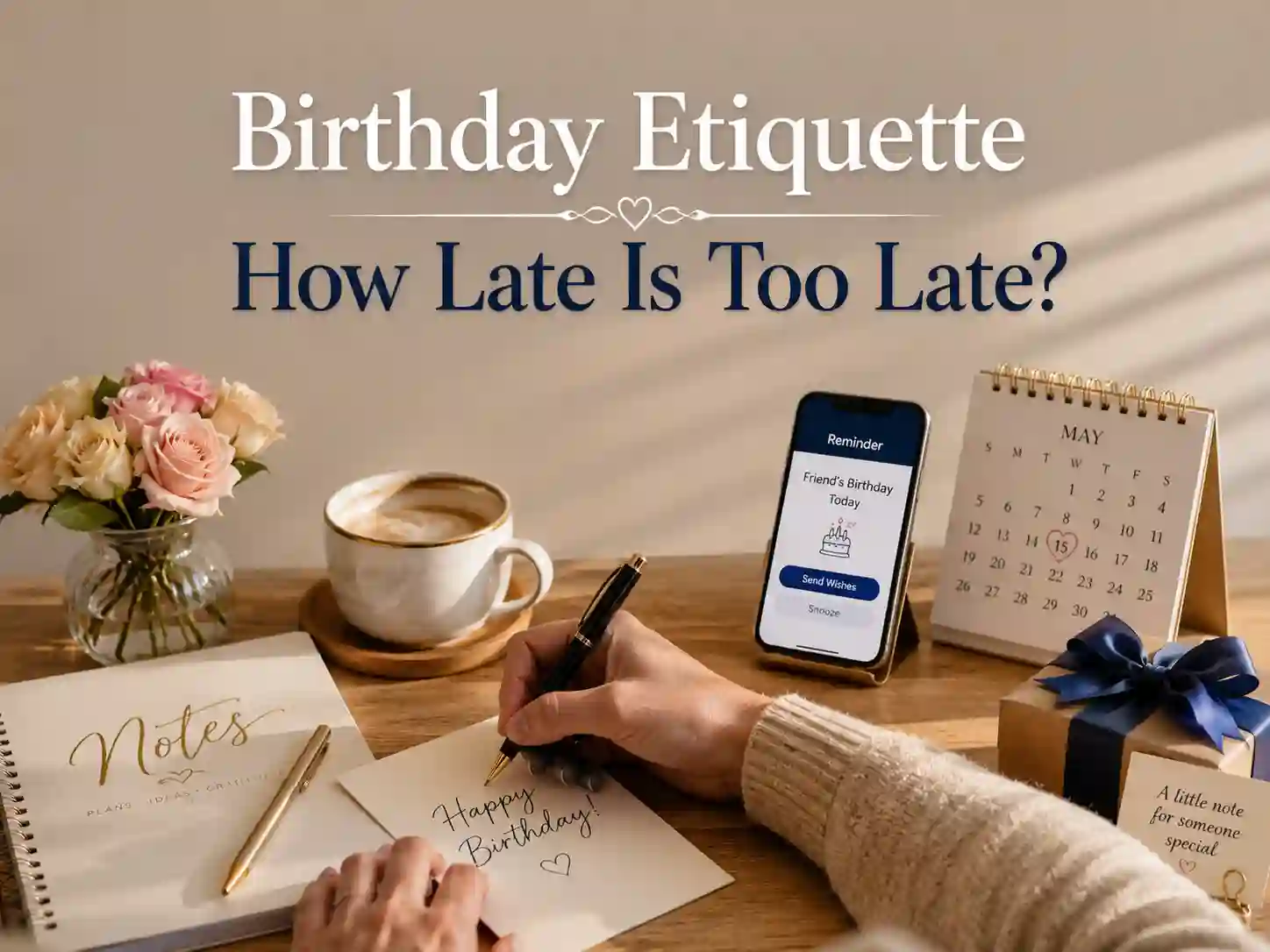 Person writing belated birthday wishes on greeting card beside smartphone and birthday gift.