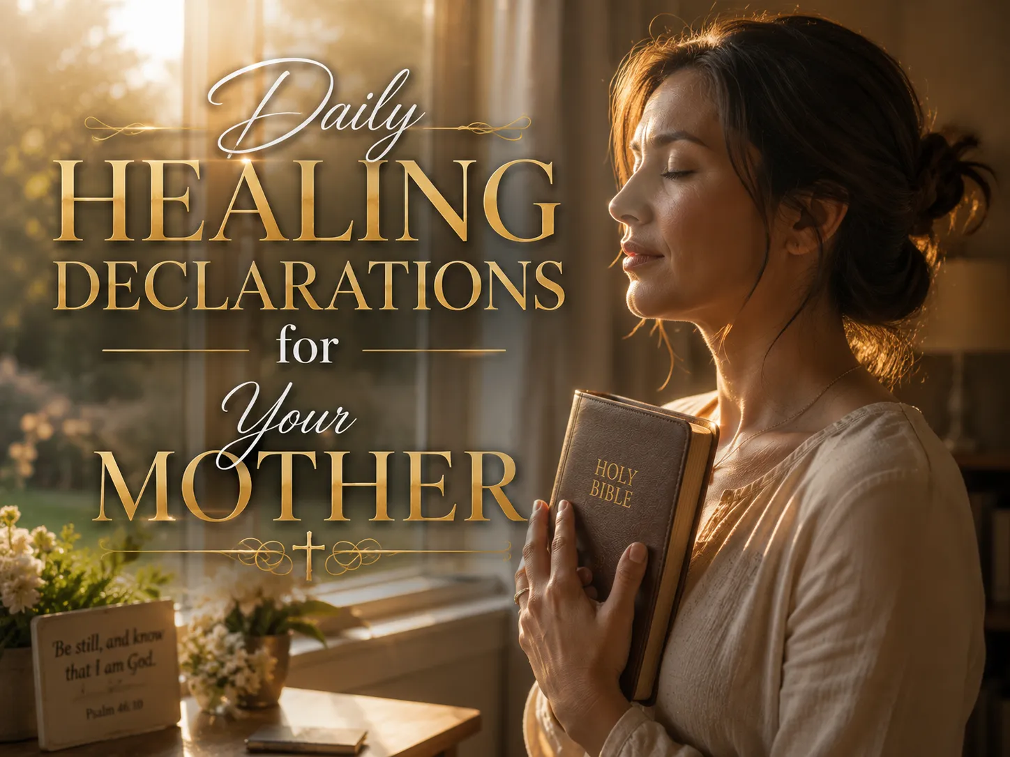 Woman reading the Bible and declaring God's healing promises while praying for her mother's health.