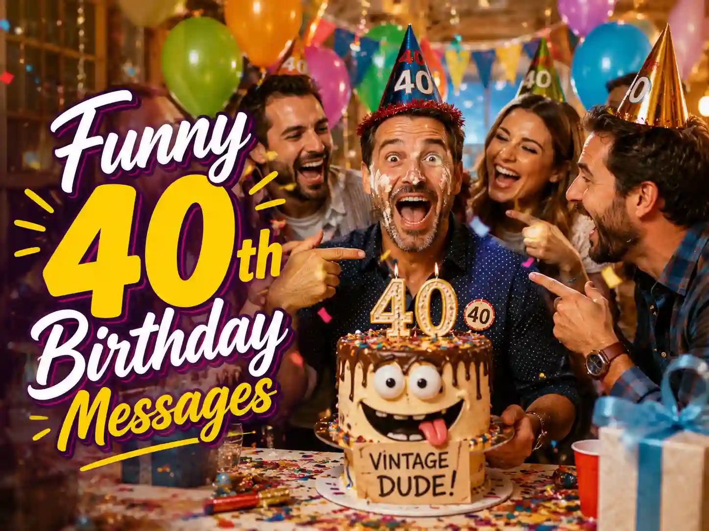 Funny 40th birthday celebration with balloons cake and laughter
