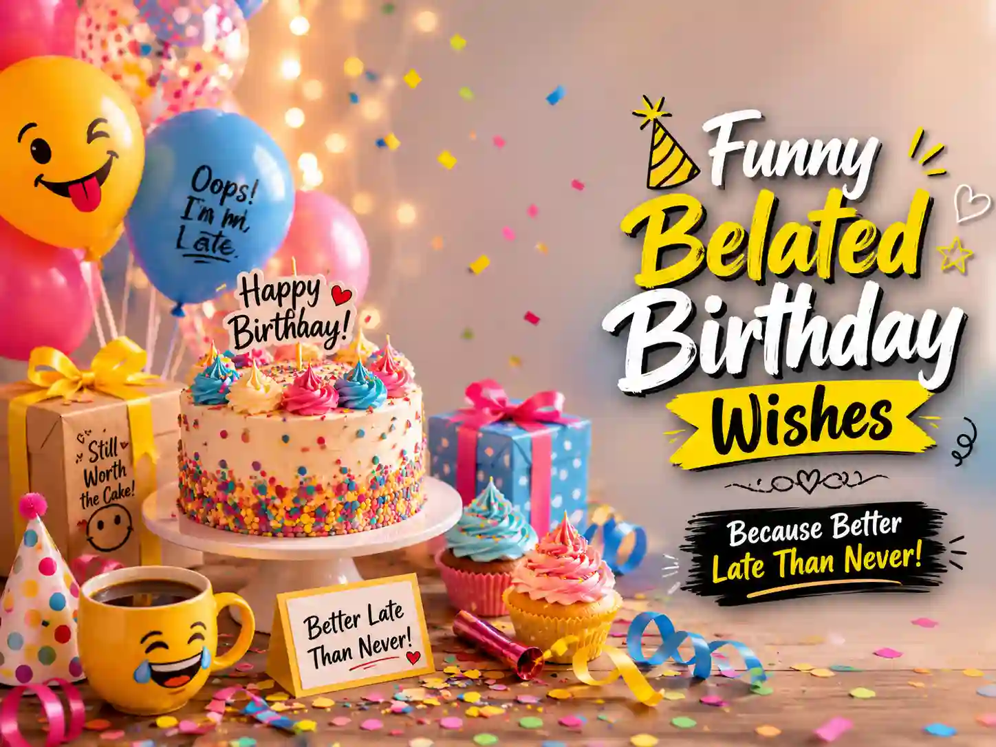 Funny belated birthday wishes with colorful balloons, cake, confetti, and birthday party decorations.