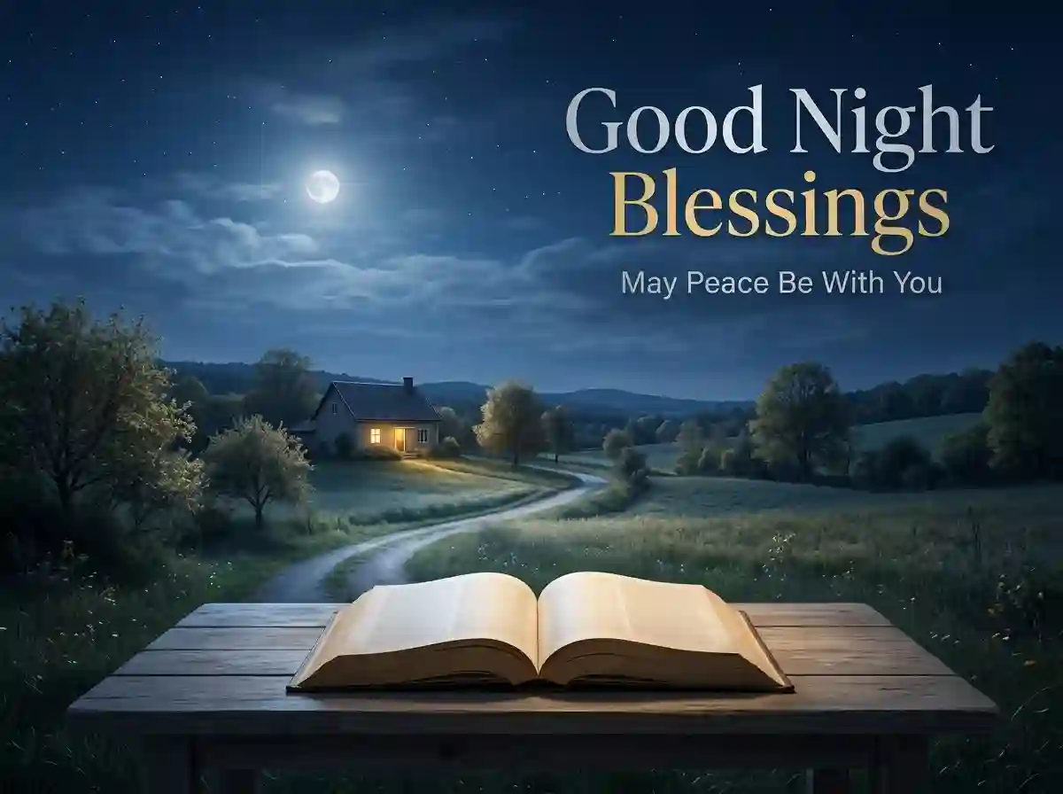 Good night blessings and peaceful wishes in a serene faith-inspired moonlit scene