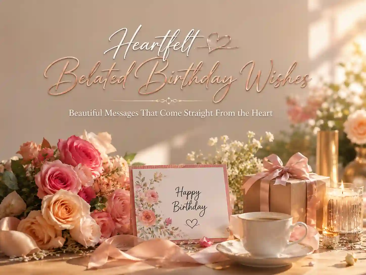 Heartfelt belated birthday wishes greeting card with flowers and elegant birthday decorations.