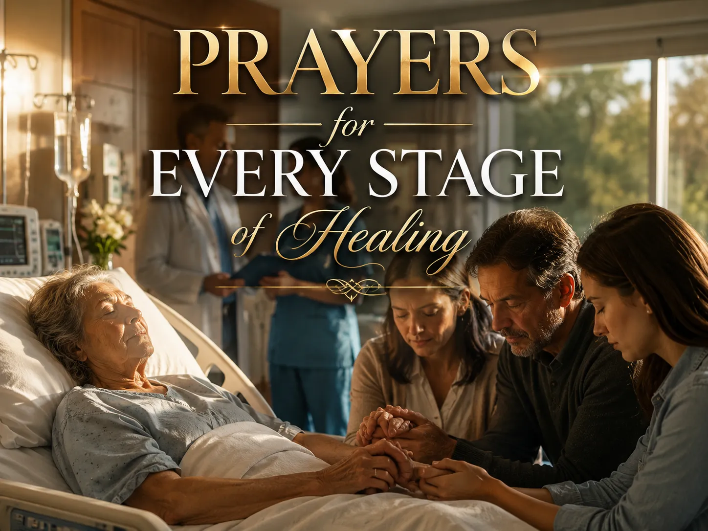 Family praying together beside their mother in a hospital while asking God for healing and recovery.