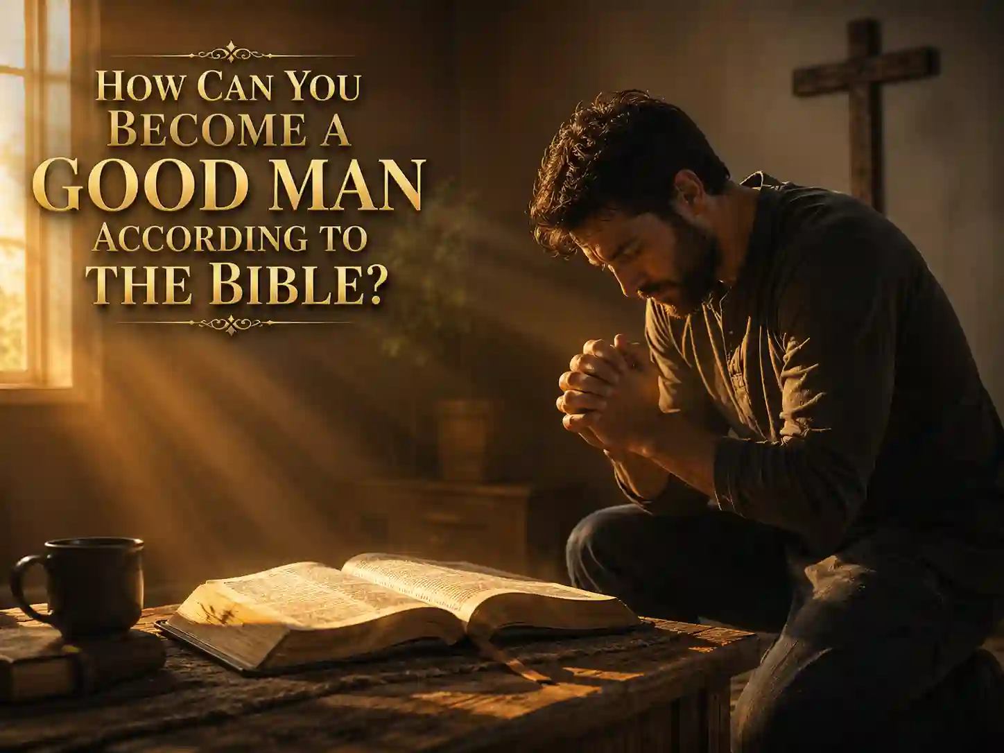 Christian man praying beside an open Bible while seeking spiritual growth and guidance from God.