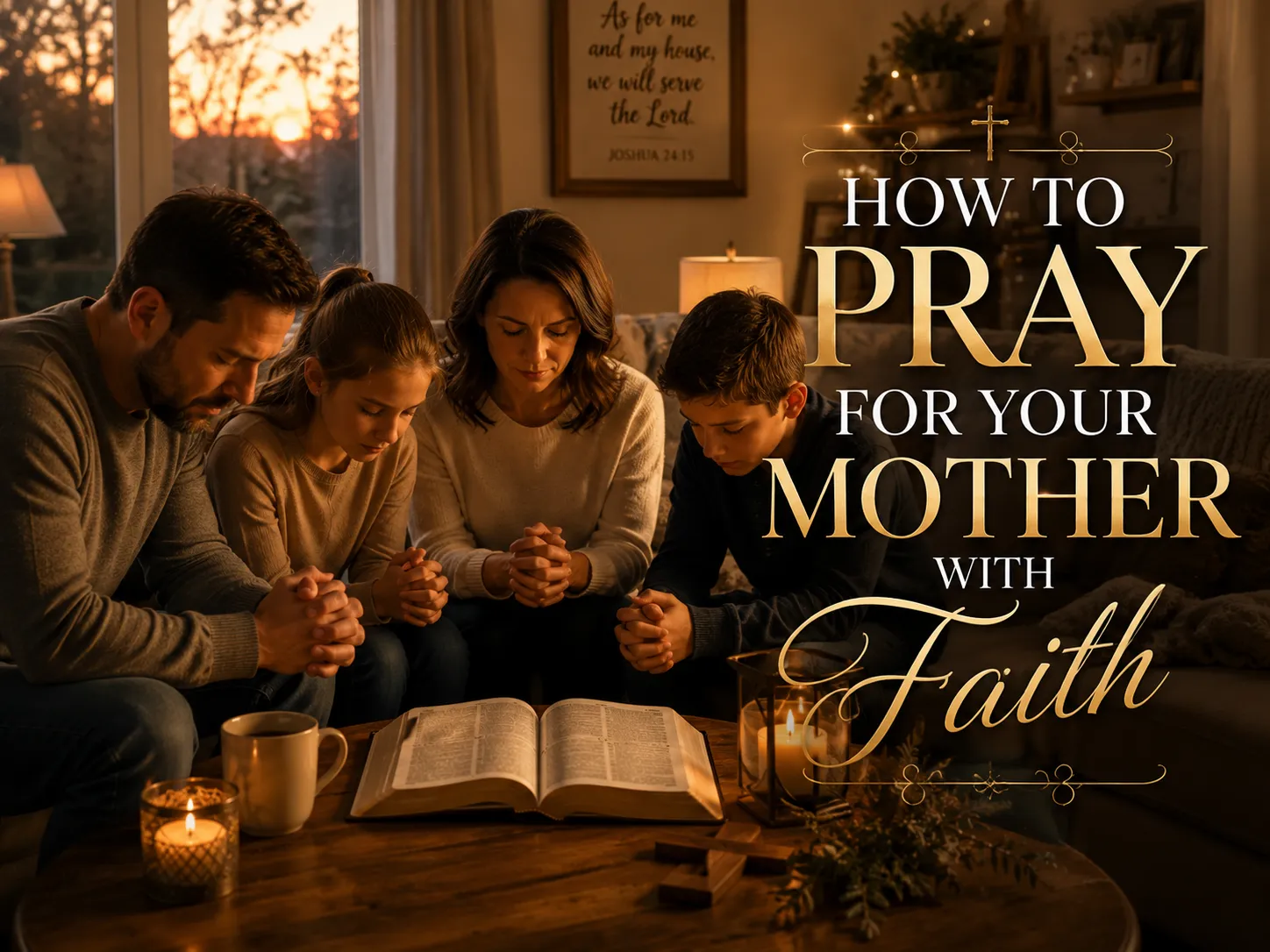 Christian family praying together for their mother's healing, strength, and good health.