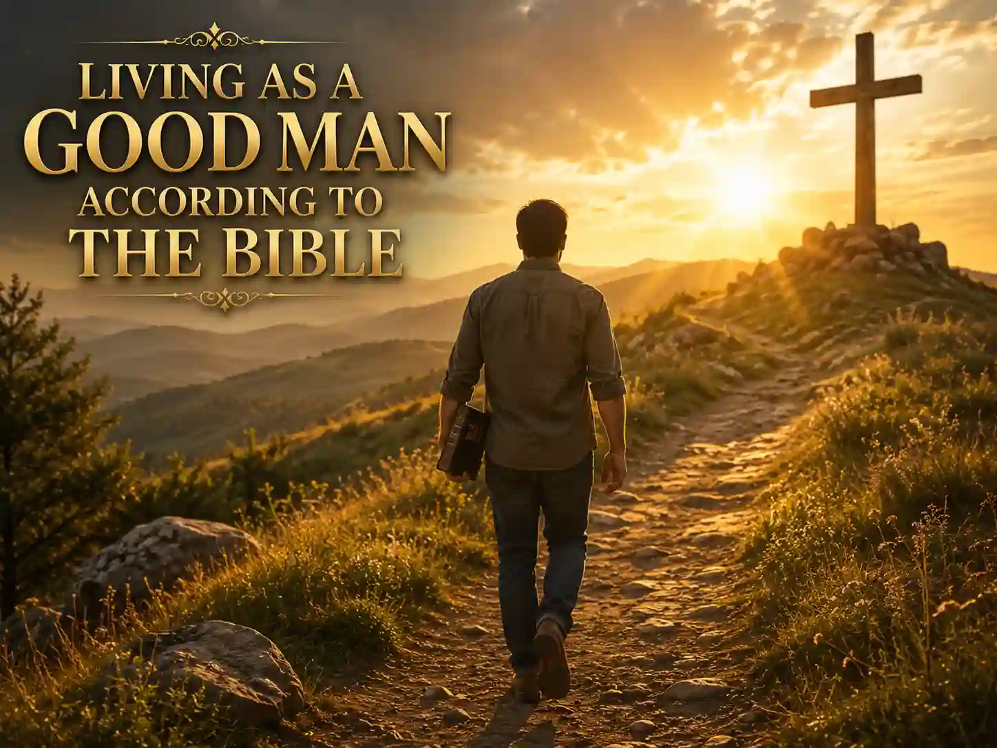 Christian man walking toward a wooden cross at sunrise representing faith, obedience, and spiritual growth.