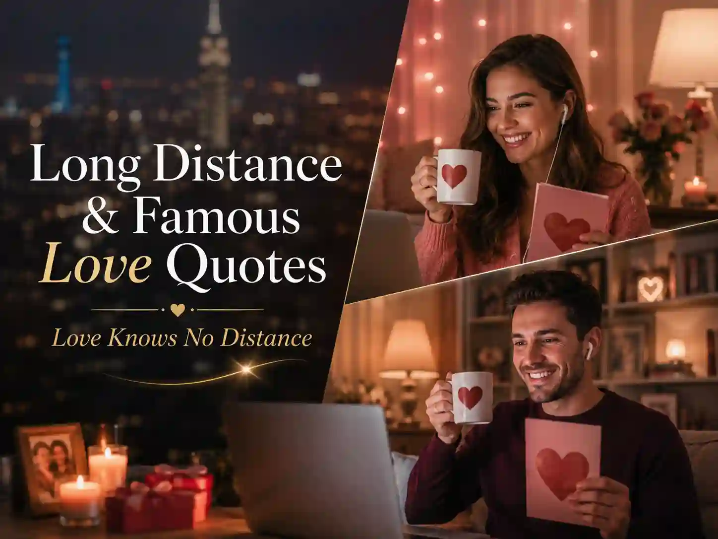 Long distance Valentine's Day love quotes with a couple connected through a video call.