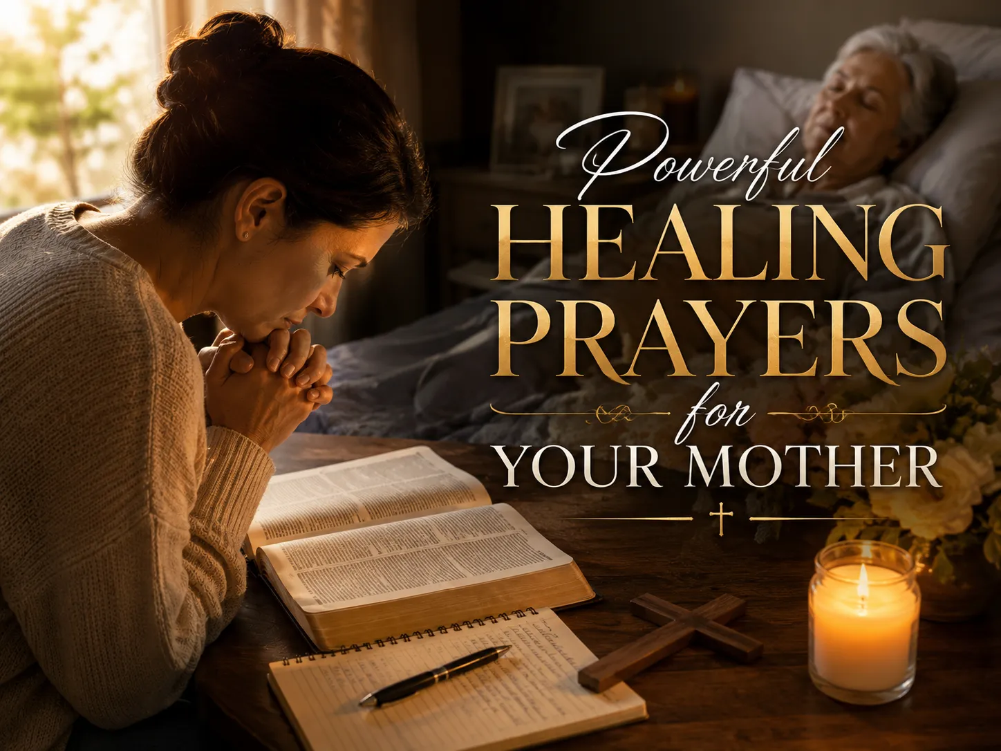 Woman praying with an open Bible while offering a healing prayer for her sick mother.