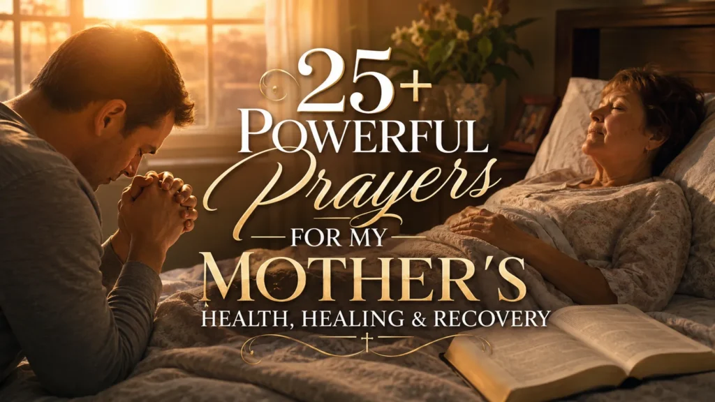 Person praying beside their mother with Bible while seeking God's healing through prayers for my mother health.